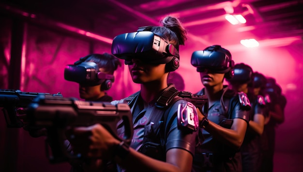 женщина играет в игру виртуальной реальности со своими друзьями