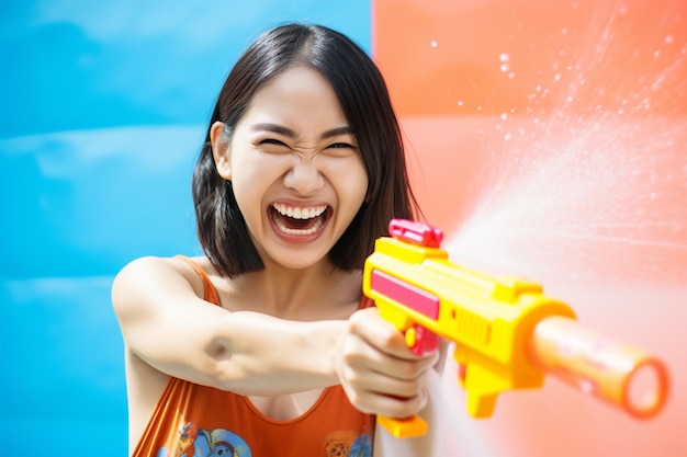 Photo a woman playing water gun at songkran day