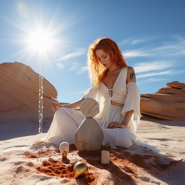 Woman playing with a ball in the desert