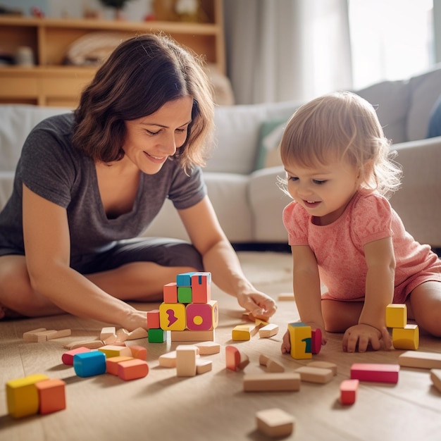 床でブロックで作られた子供と遊ぶ女性