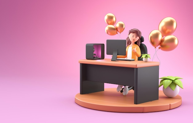 コンピューターの 3 D イラストレーションで遊ぶ女性