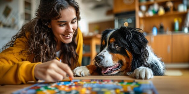 woman playing with a dog on a table with a board game generative ai