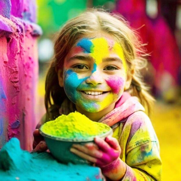 Foto donna che gioca con la polvere di holi