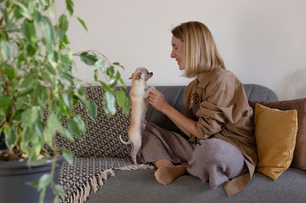 Woman playing with small dog on sofa Home lifestyle