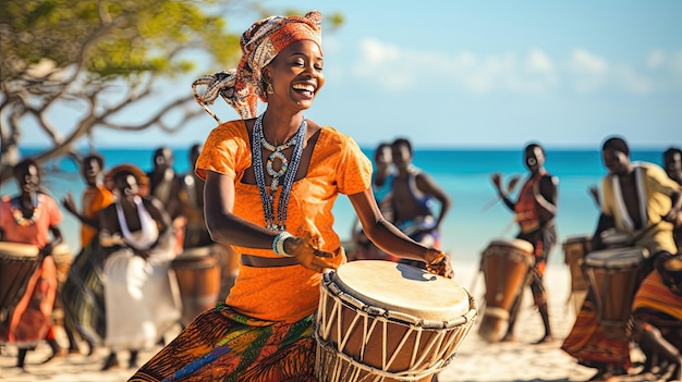 a woman plays the drums on the beach.