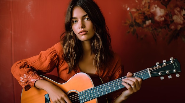 A woman plays a guitar in front of a red wall.