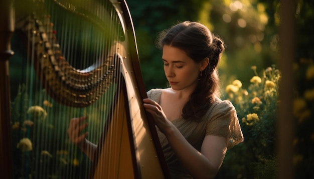 A woman plays a harp in a park.