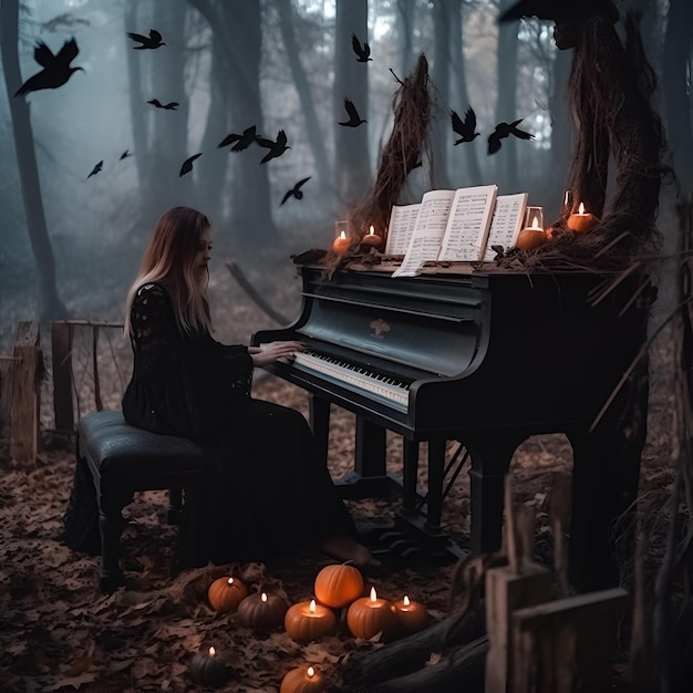 A woman plays a piano in a forest with pumpkins and bats.