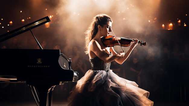 a woman plays a violin in front of a piano.