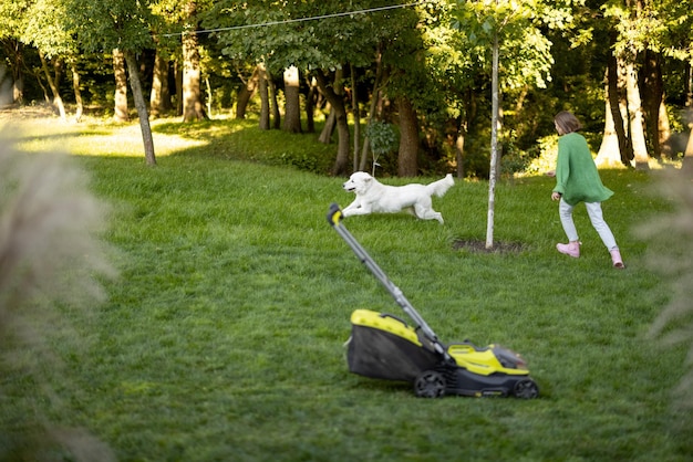 Woman plays with her dog at backyard while gardening