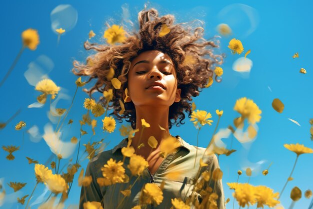 Woman plucking flowers in a blossoming yellow daisies field