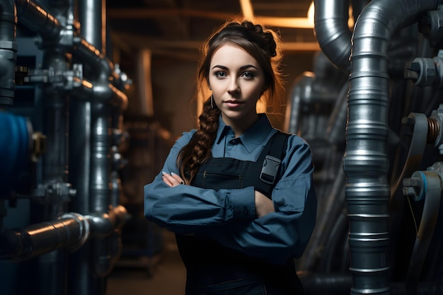 Woman plumber working near metal pipes indoor female professional occupation