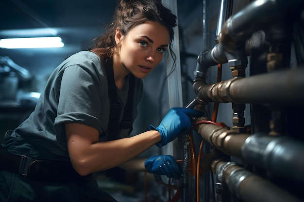 Photo woman plumber working near metal pipes indoor female professional occupation