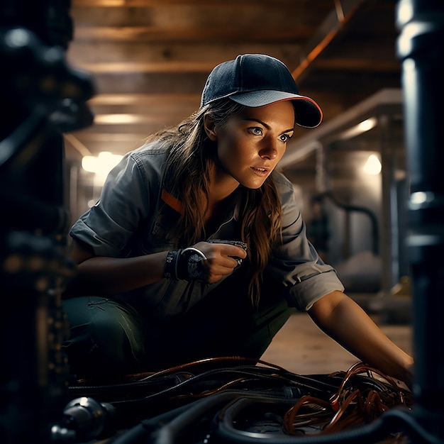 Woman Plumber Working Near Metal Pipes