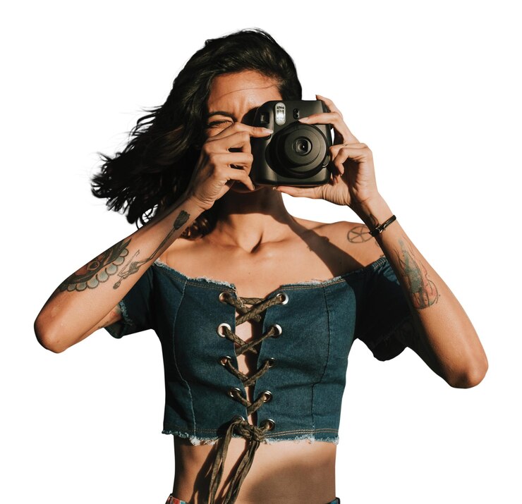 Photo woman png holding instant camera transparent background