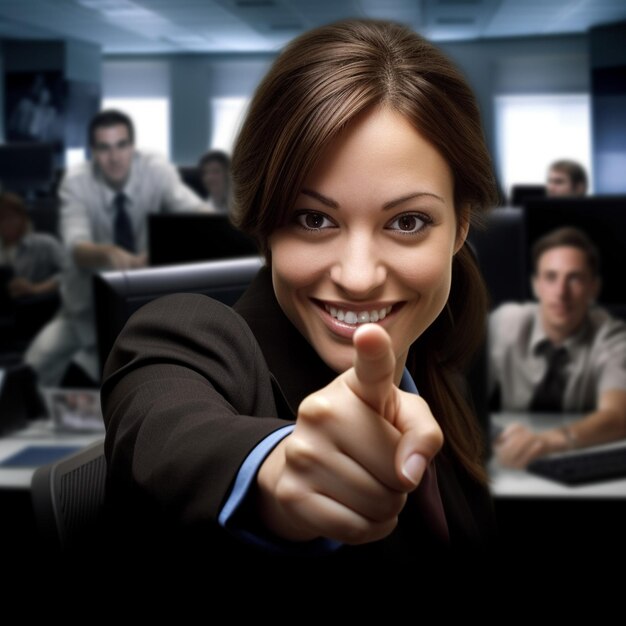 a woman pointing at a computer screen with a woman pointing at the camera.