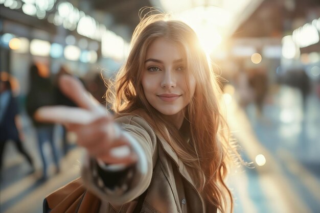 A woman pointing her finger at the camera