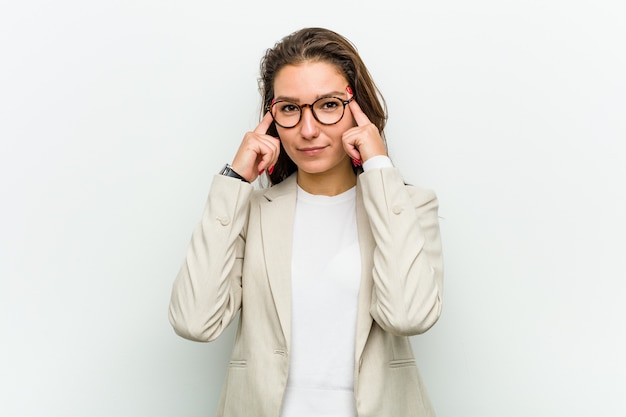 Woman pointing her head