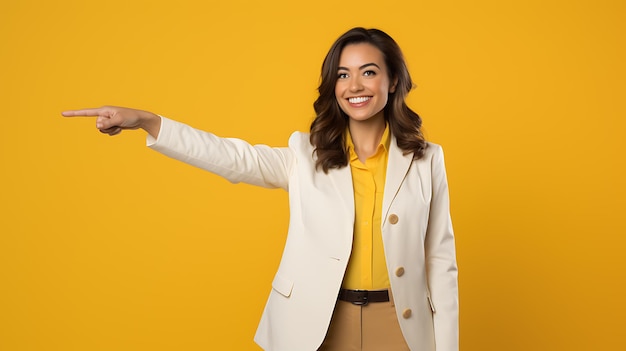 a woman in a pointing pose on a yellow background created with generative ai technology