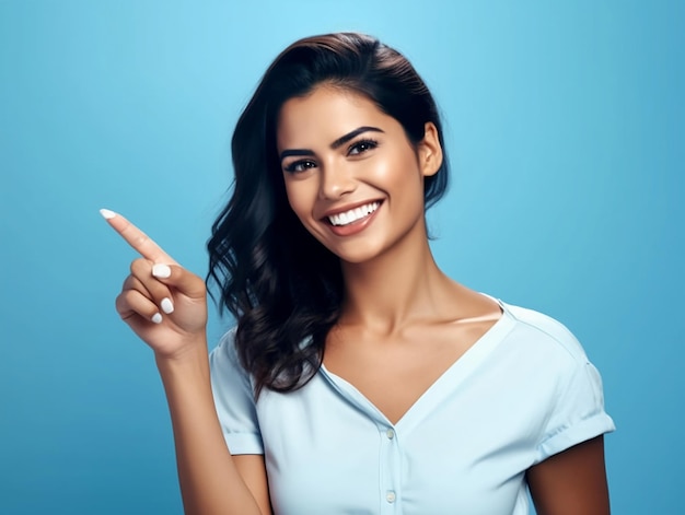 A woman pointing to the right with a blue background.