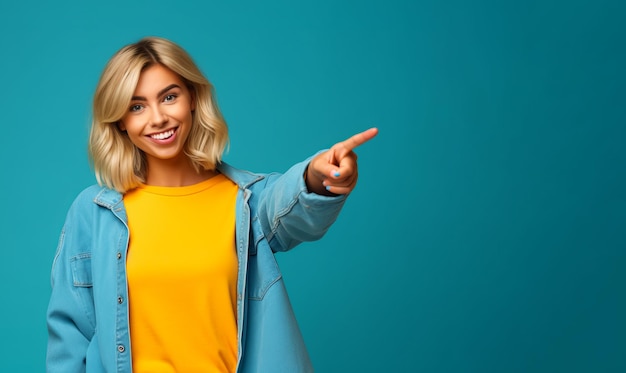 Photo woman pointing to the side with smile on her face and wearing blue jacket generative ai