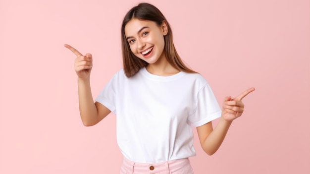 A woman points to the right and a pink background