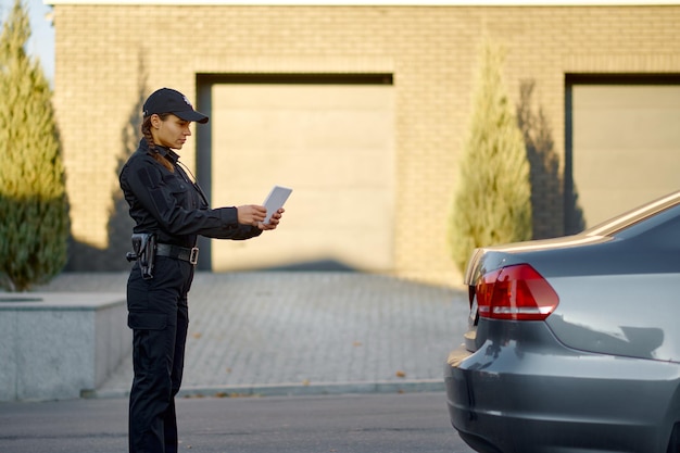 Woman police officer check stopped car number