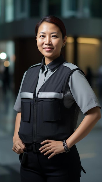 警察の制服を着て写真を撮る女性