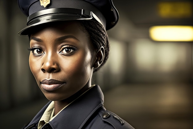 A woman in a police uniform stands in a tunnel.