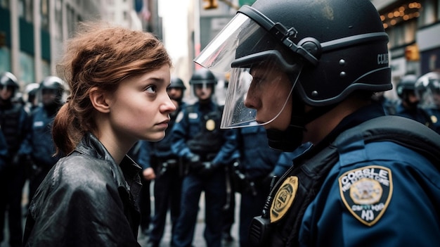 A woman in a police uniform talks to a man in a street.