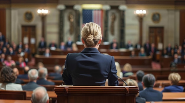 Woman politician in the congress speaking front view simetrical