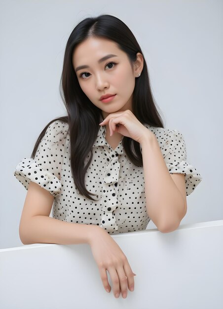 a woman in a polka dot dress sits in front of a white table