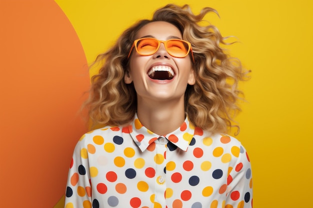 Photo woman polka smiling gorgeous beauty stylish fashionable cute color dots trendy happy glasses bright young joy