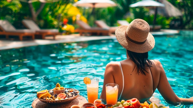 Woman in a pool with fruit Selective focus