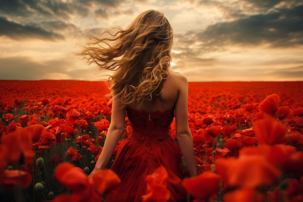 Woman poppies field delicate Nature summer Generate Ai