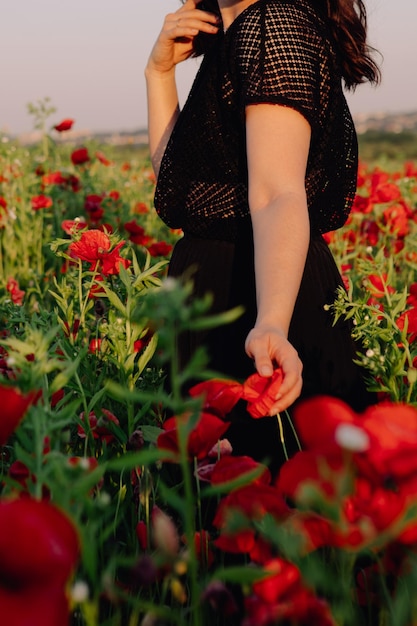 Woman at the poppies flowers field on sunset copy space