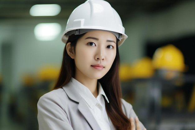 Woman portrait business job asian occupation industry smile helmet engineer industrial Generative AI