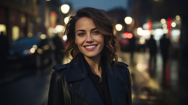 Woman portrait and business with night street and professional entrepreneur in city happy smiling