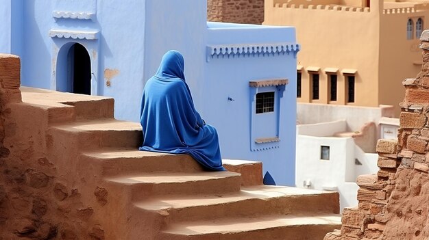 Woman portrait of cultural diversity in front of a blue background captured tradition ai photo art