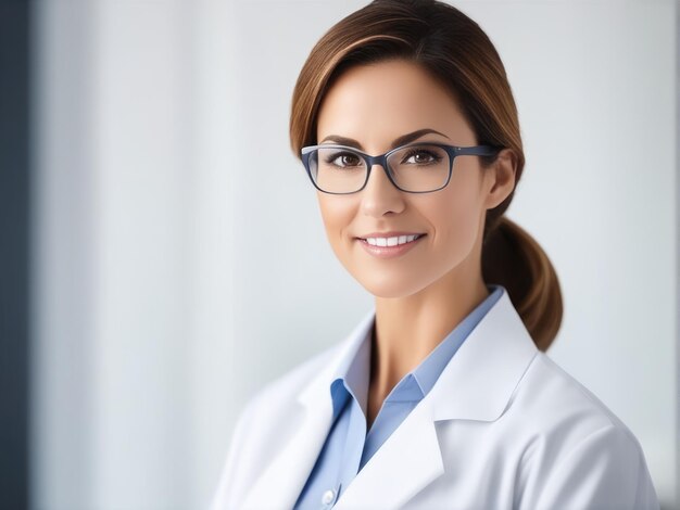 Женский портрет врача в белом пальто и очках