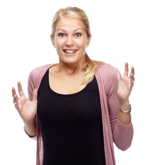 Woman portrait and excitement for surprise in studio for announcement or news amazed and wow reaction Female person isolated and white background with shock omg and mind blown with smile for joy