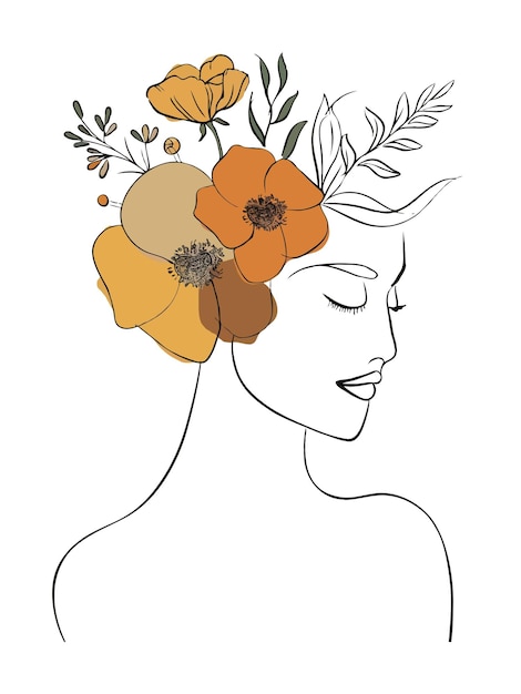 woman portrait floral line art illustration