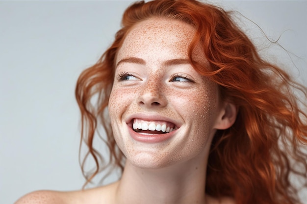 Woman portrait Happiness Beautiful blue eyed girl with freckles is looking away and laughing