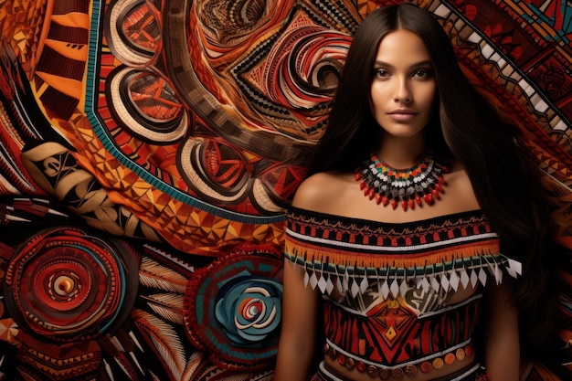 Фото Женский портрет на племенных североамериканских племенных мотивах и дизайнах на фоне коренных народов