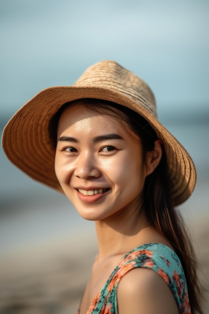 Женский портрет и улыбка на пляже для свободы путешествий и летних каникул