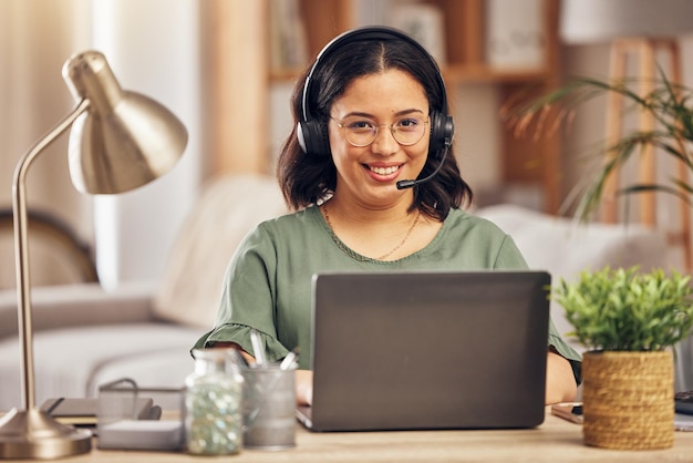 Photo woman portrait and smile in home office for call center job headphones and mic for crm communication with laptop customer service tech support and pc for remote work help desk and telemarketing