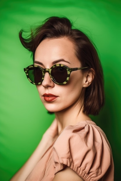 Woman portrait and sunglasses on a green background for fashion or cool look