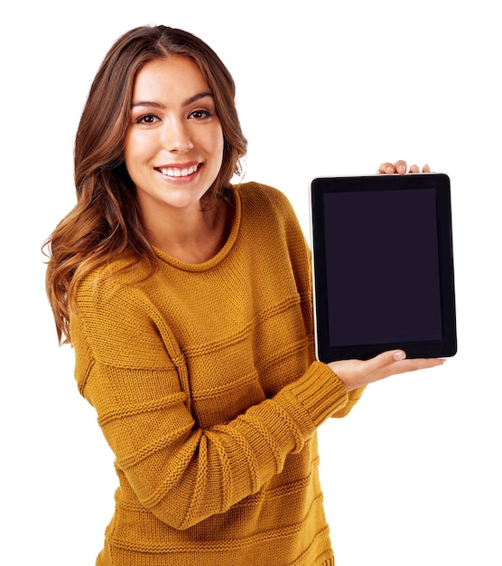 Photo woman portrait or tablet mockup screen on isolated white background for college elearning video call or ecommerce smile happy or model on technology mock up for logo branding or digital marketing