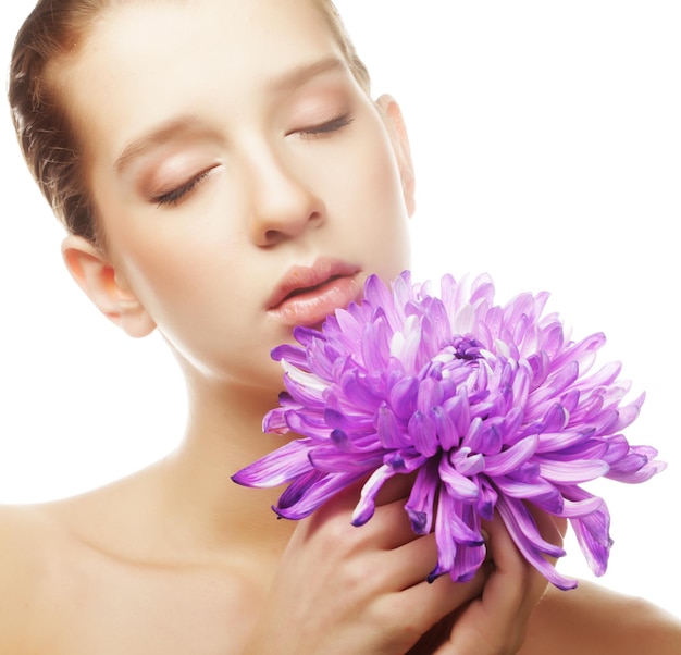 Woman portrait with chrysanthemum Spa treatment