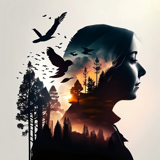 Woman portrait with double exposure and with the treesGenerative AI nonexistent person